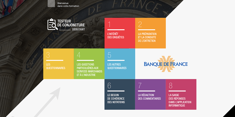 Exemple de contenu E-learning sur mesure pour le module Testeur de conjoncture débutant de la Banque de France