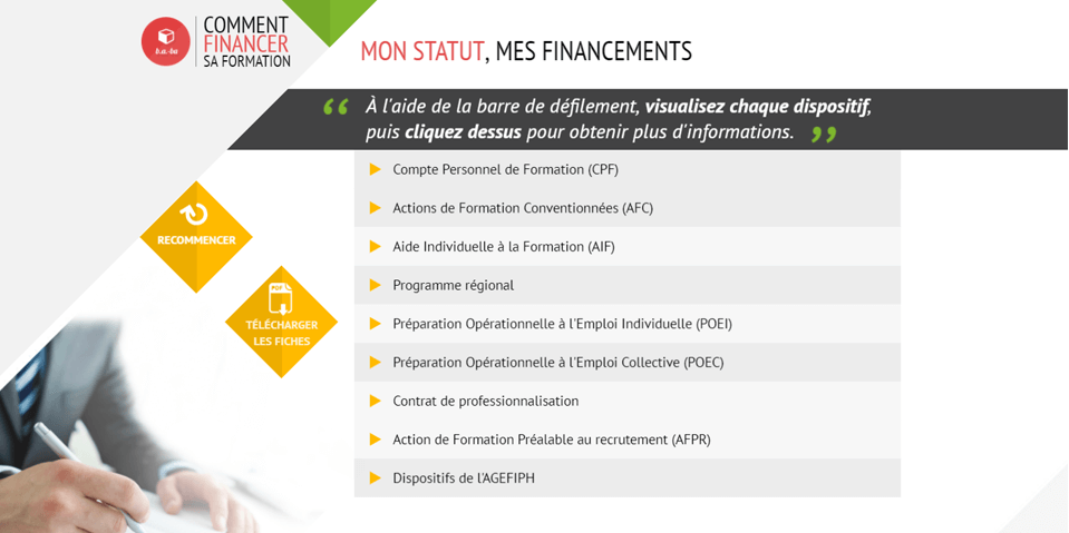 Exemple de contenu E-learning sur mesure pour le module B.A.-BA financer une formation d'Emploi Store