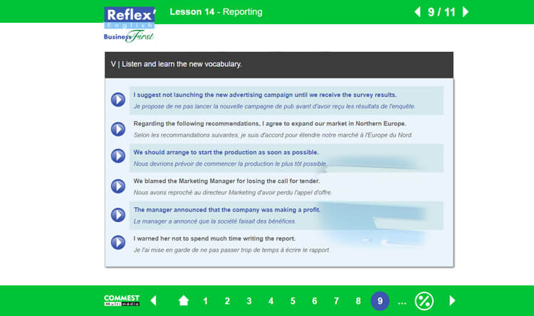 Exemple de contenu de formation de Reflex’English Business First