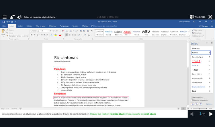 Exemple de contenu de formation Word 2016