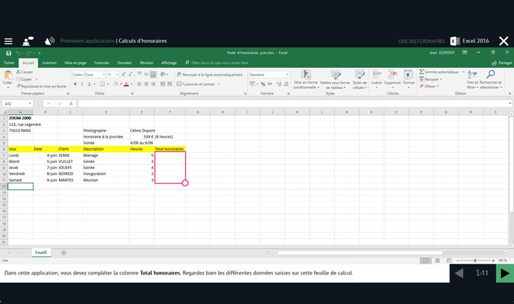 Capture d'écran du module Excel 2016