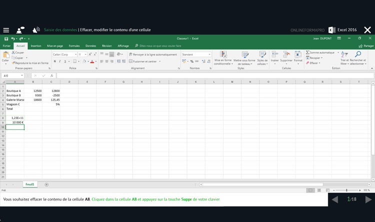 Capture d'écran du module Excel 2016