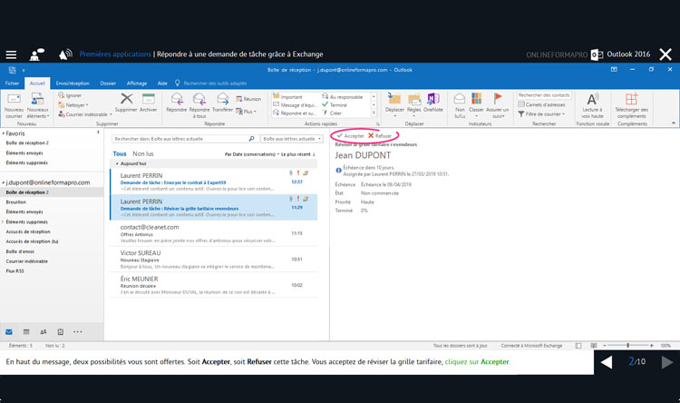 Capture d'écran du module Outlook 2016