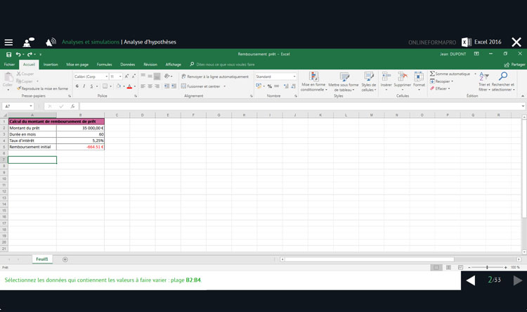 Capture d'écran du module Excel 2016