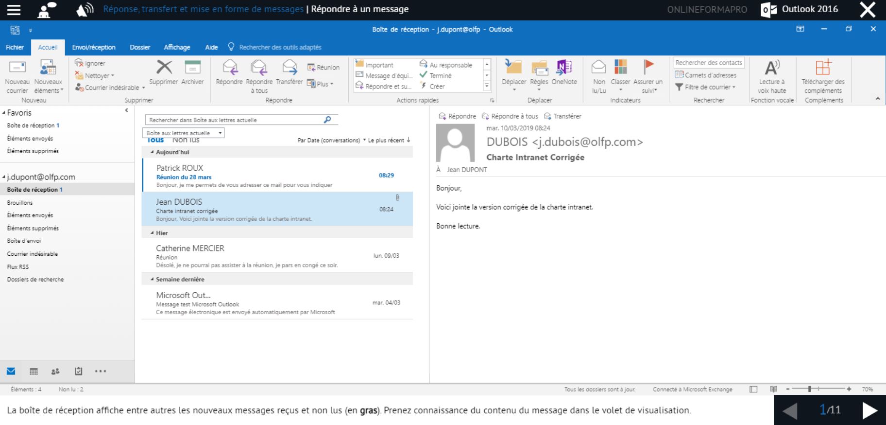 Exemple de contenu de formation Outlook 2016