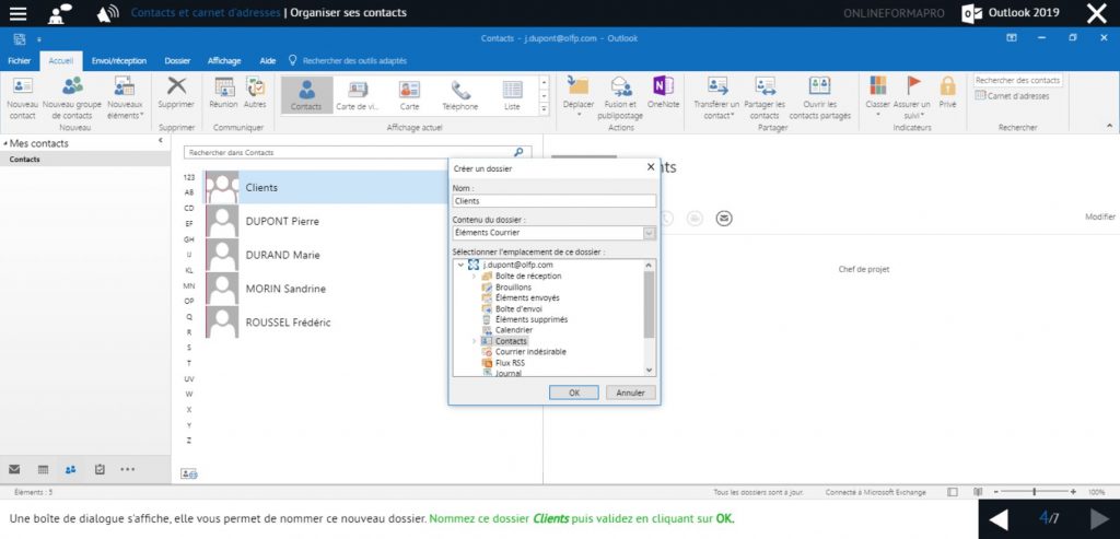 Exemple de contenu de formation Outlook 2019