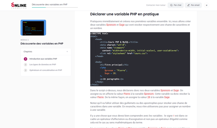 Exemple de contenu de formation PHP