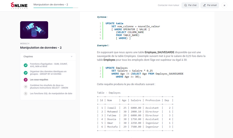 Exemple de contenu de formation Langage SQL