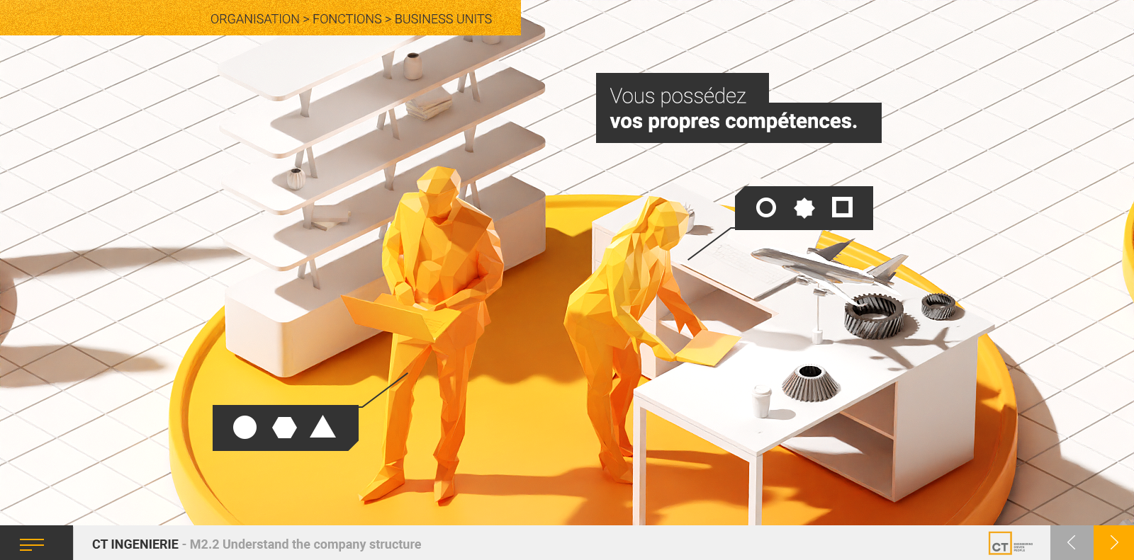 Exemple de contenu E-learning sur mesure pour la partie Onboarding de CT Engineering