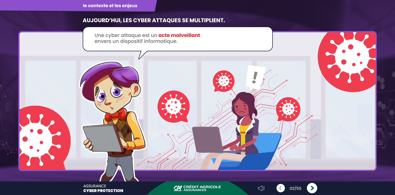 Exemple de contenu E-learning sur mesure pour le module L’assurance Cyber Protection du Crédit Agricole