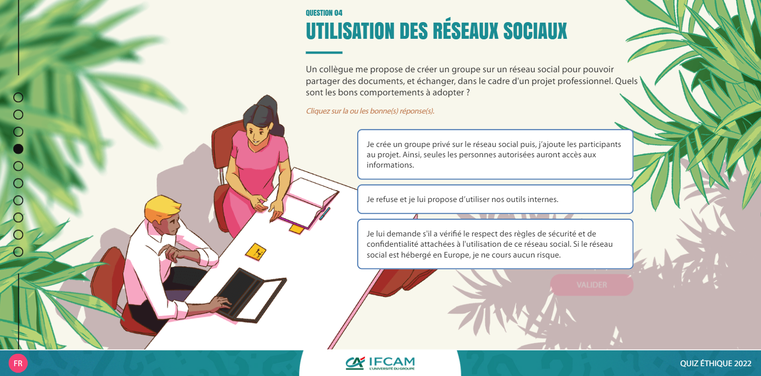 Exemple de contenu E-learning sur mesure pour le module Quiz «L'éthique et vous» du Crédit Agricole