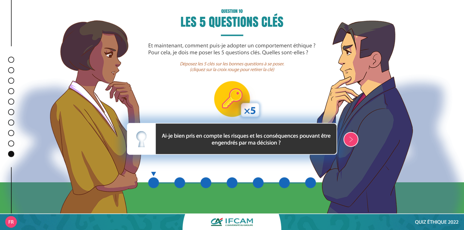 Exemple de contenu E-learning sur mesure pour le module Quiz «L'éthique et vous» du Crédit Agricole