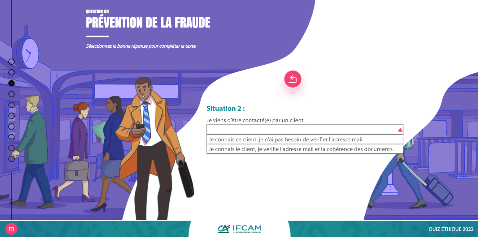 Exemple de contenu E-learning sur mesure pour le module Quiz «L'éthique et vous» du Crédit Agricole