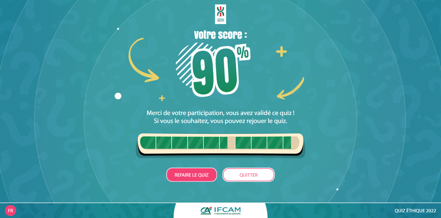 Exemple de contenu E-learning sur mesure pour le module Quiz «L'éthique et vous» du Crédit Agricole