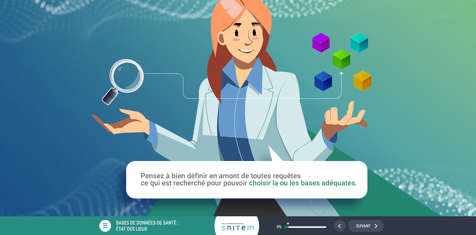 Exemple de contenu E-learning sur mesure pour le module Données de santé open source de la SNITEM