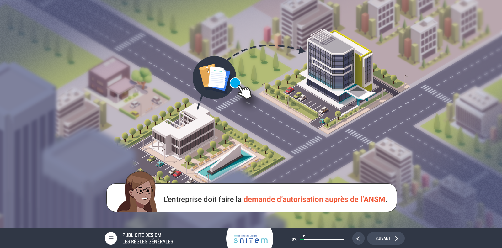 Exemple de contenu E-learning sur mesure pour le module La publicité des dispositifs médicaux de la SNITEM