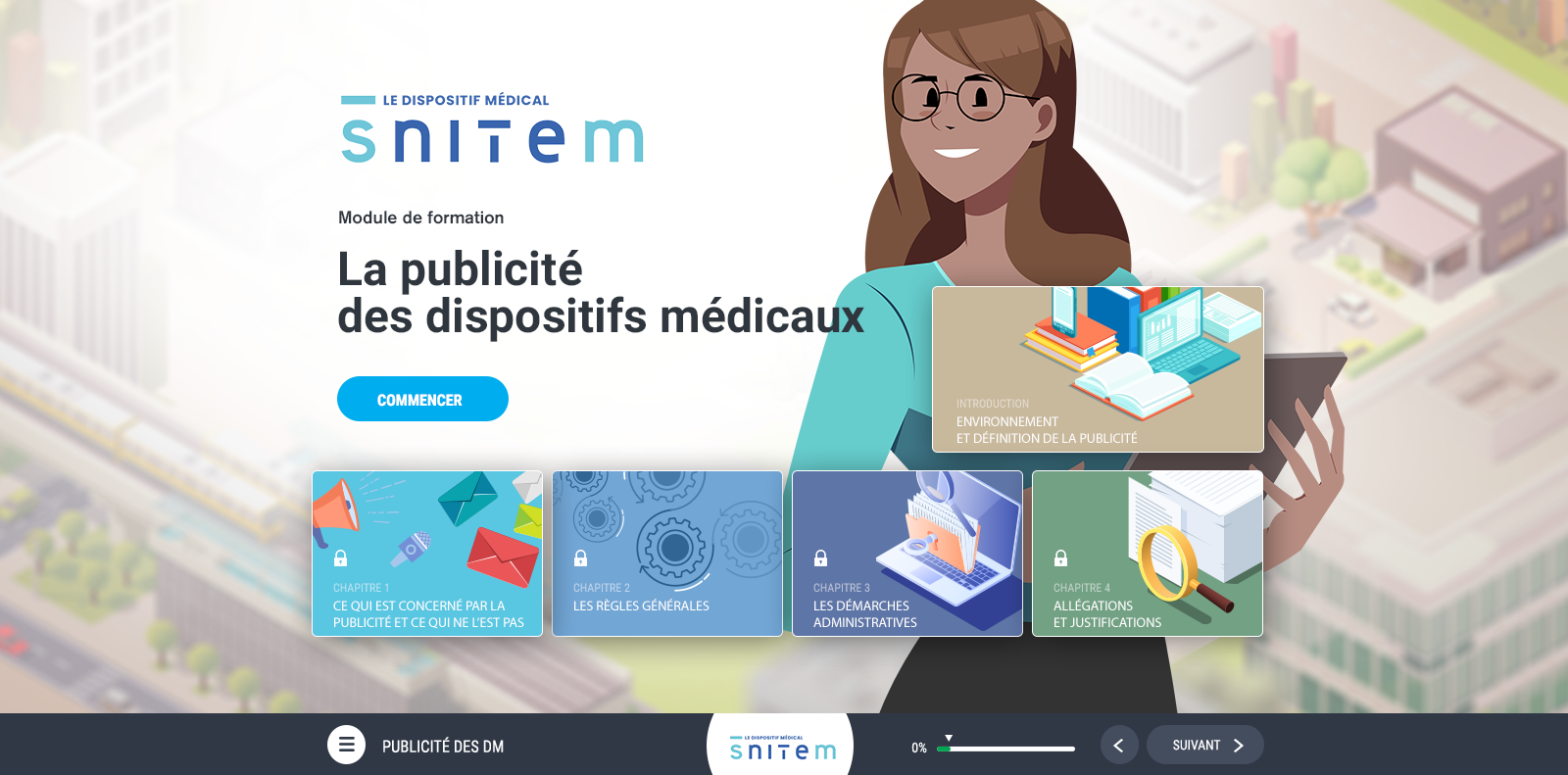 Exemple de contenu E-learning sur mesure pour le module La publicité des dispositifs médicaux de la SNITEM