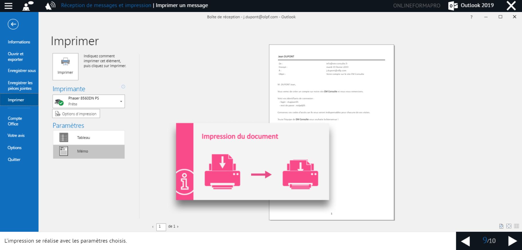 Exemple de contenu de formation Outlook 2019