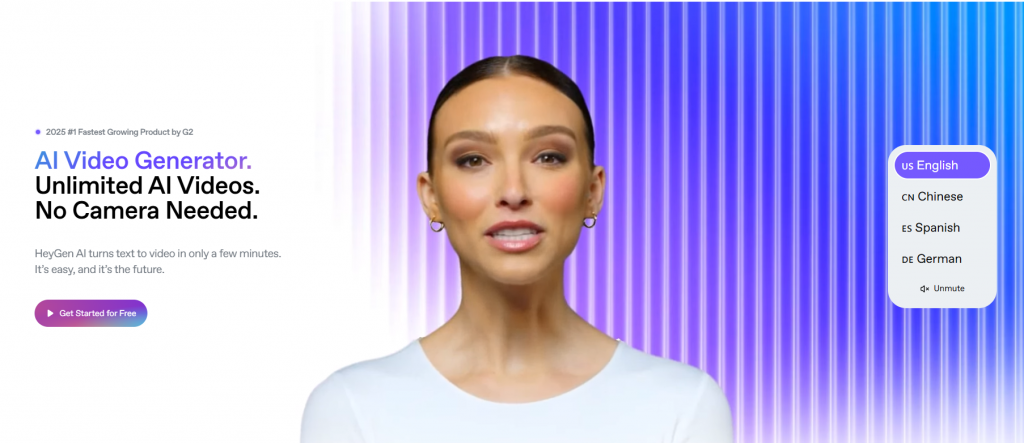 Cette capture d'écran de l'outil IA Heygen montre à quoi ressemble les avatars réalistes que l'outil peut créer, ainsi que les différentes langues que l'on peut attribuer à la voix de l'avatar.