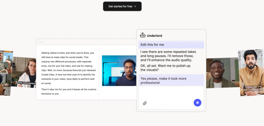 Sur cette capture d'écran du site de l'outil Descript, on y voit un encadré avec le chatbot dans lequel on peut inscrire son texte dans le but d'éditer sa vidéo.