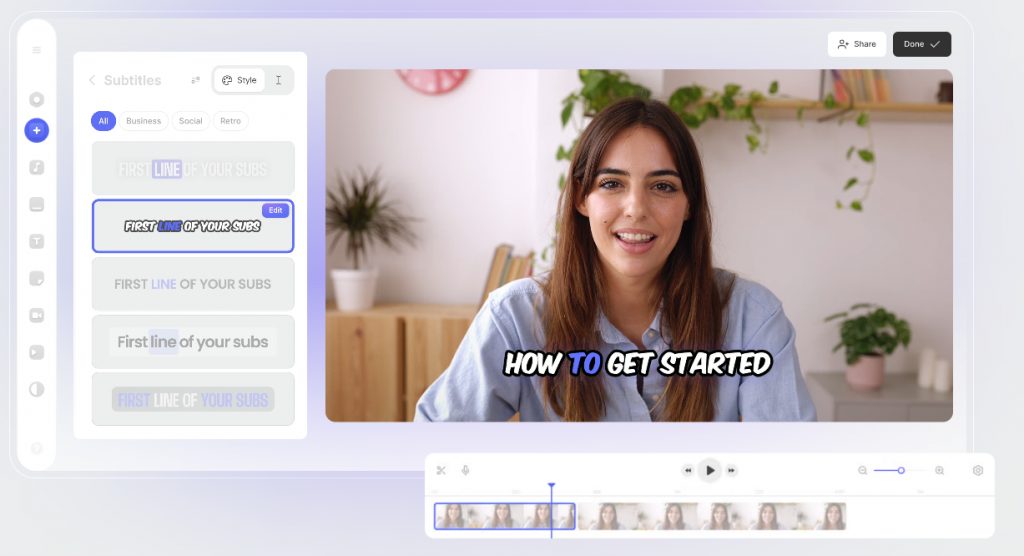 Sur cette capture d'écran du site internet de l'outil Veed.io, on voit l'interface de montage vidéo ainsi que comment ajouter des sous-titres simplement sur notre contenu vidéo