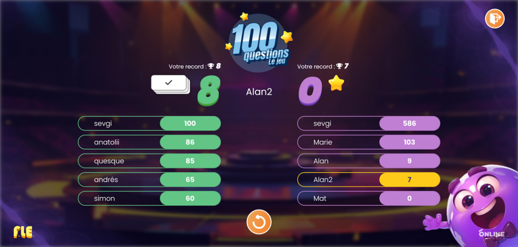 Un exemple du jeu des 100 questions intégré dans la plateforme, pour vous challenger et challenger vos pairs sur l'apprentissage du français