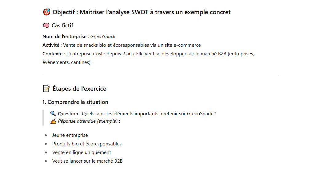 Un exemple de l'explication de la méthode SWOT donnée par le mode Etudier