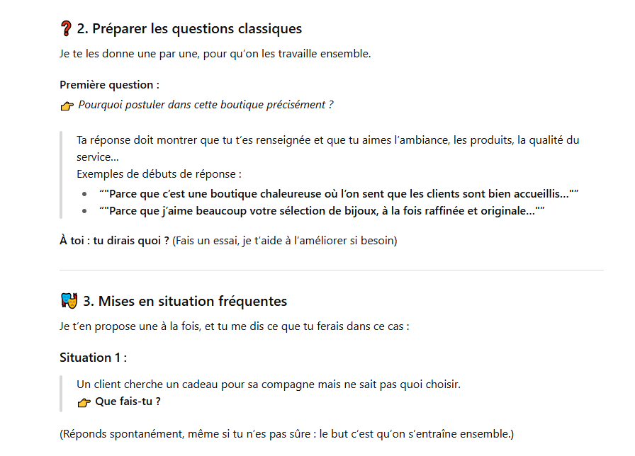 Exemple de ce que le mode Etudier m'a donné comme réponse pour le même prompt, en me proposant de travailler avec lui au lieu de me donner directement toutes les réponses.