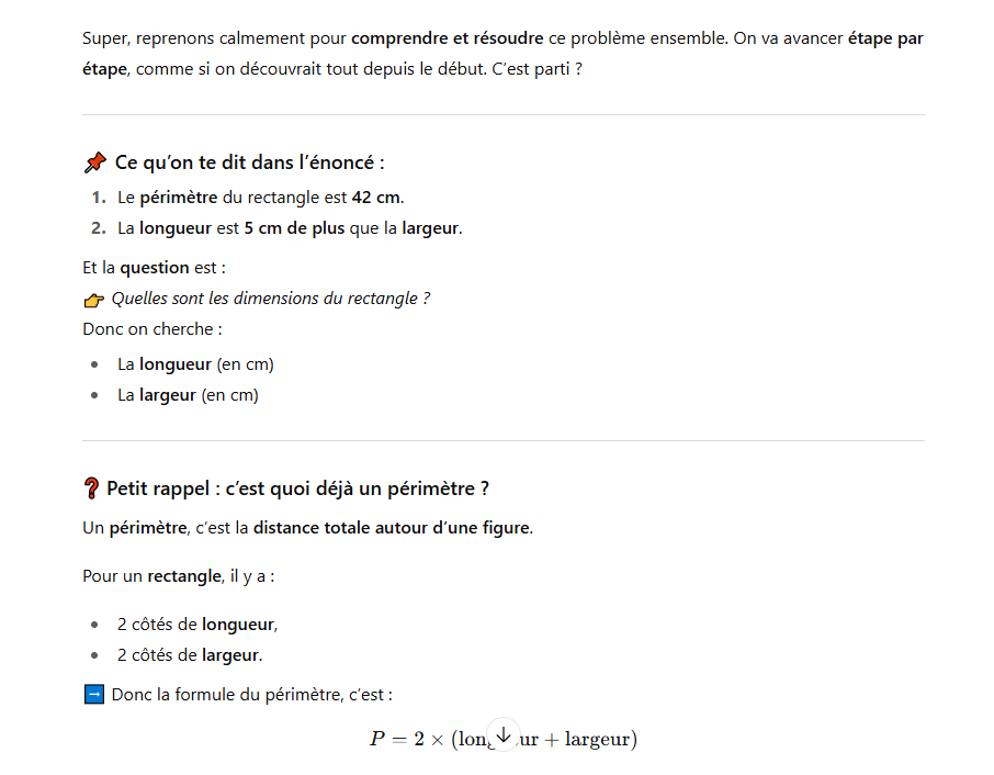Exemple de l'explication étape par étape que donne le mode Etudier de ChatGPT