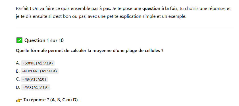 Exemple d'une question que propose le mode Etudier du quiz en proposant d'abord d'écrire la réponse et de corriger avant de passer à l'autre