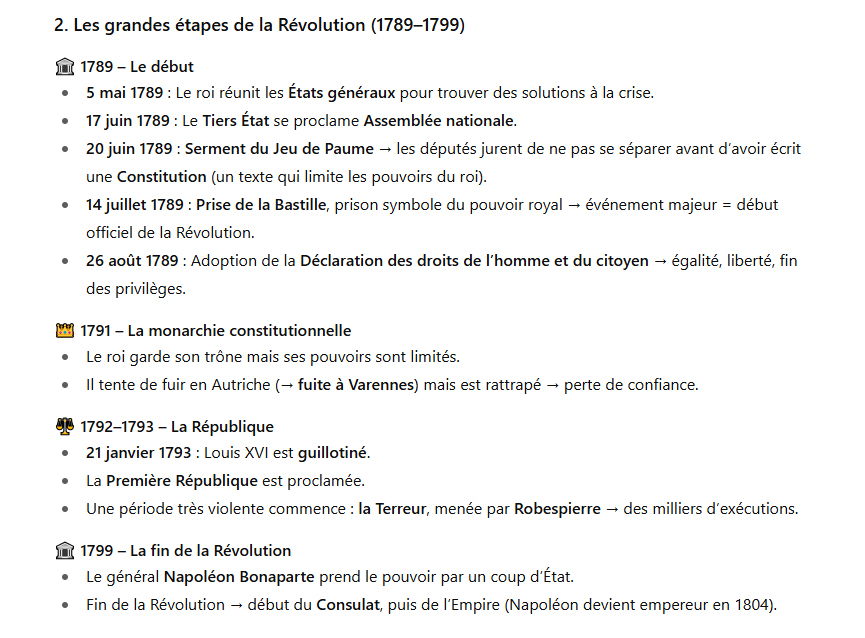 Exemple de la réponse du mode classique de ChatGPT, une réponse plutôt linéaire sur les grandes étapes de la Révolution Française.