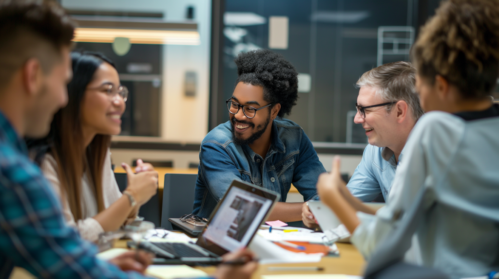 Groupe de discussion autour d'une table parlant des nouveautés de la formation professionnelle